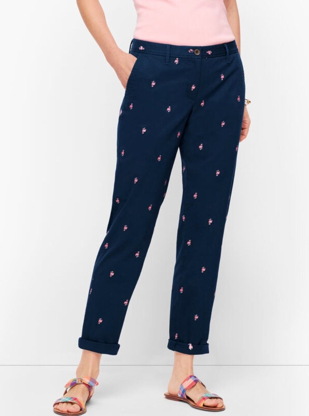 Talbots Womens 2 Blue Pink Embroidered Flamingo Relaxed Chino Casual Pants
